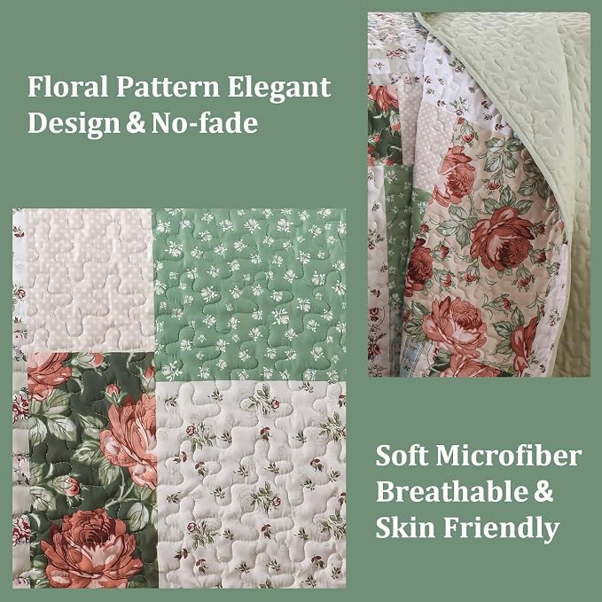 Anibedding 3 Pieces Green Patchwork Quilt Set Queen Size, Bohemian Red Flower - Image 3