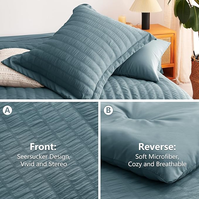CozyLux Queen Comforter Set Mineral Blue Seersucker 7 Pieces Bed in a Bag Queen - Image 4