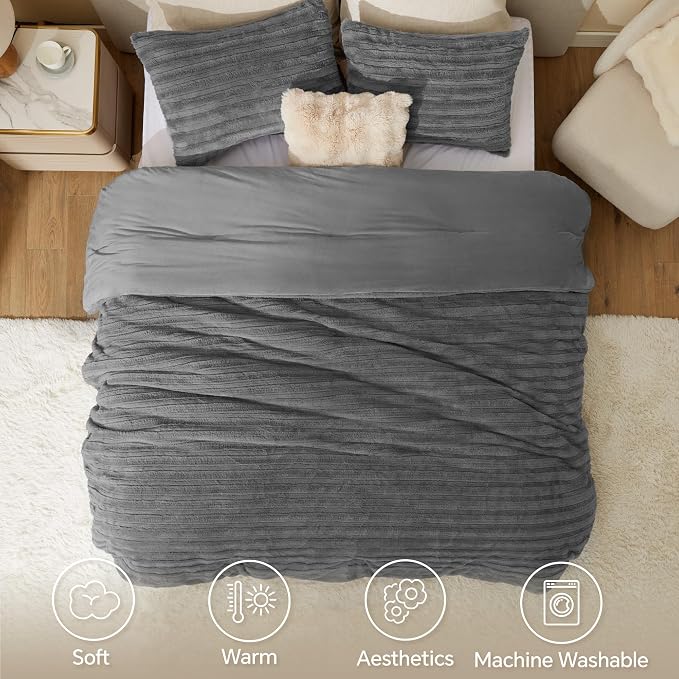 BEDELITE Fleece King Comforter Set -Super Soft & Warm Fluffy Grey Faux Fur - Image 3