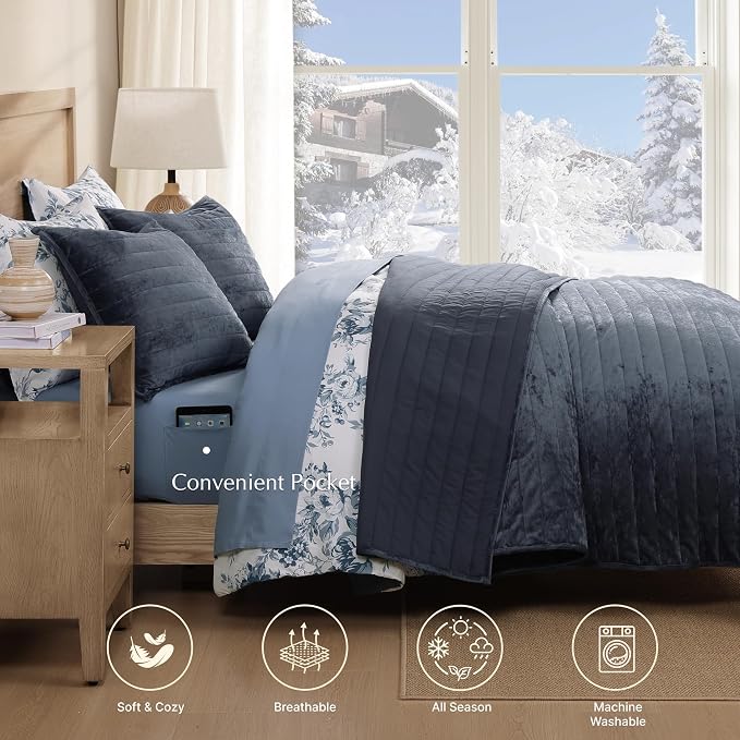 WRENSONGE Velvet King Size Quilt Set-3 Pieces Blue Grey Luxurious Velvet - Image 3