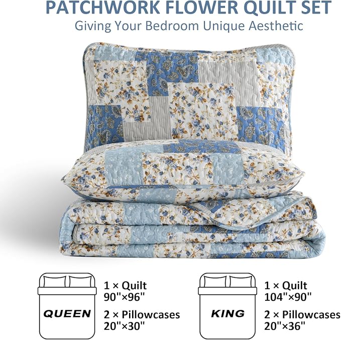 Mybedsoul Light Blue Quilt Set King Size, 3 Pieces Boho Plaid Floral Bedspread - Image 5