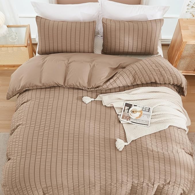 AveLom Taupe Duvet Cover Full, 3 Pieces, Seersucker Tripe Soft Washed - Image 7