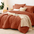 CozyLux Oversized King Comforter Set Burnt Orange Seersucker 7 Pieces 120x98 by CozyLux