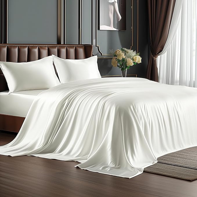 BEDELITE Satin Sheets Full Size Bed Set, Luxury Soft Ivory White Silky Sheet by BEDELITE