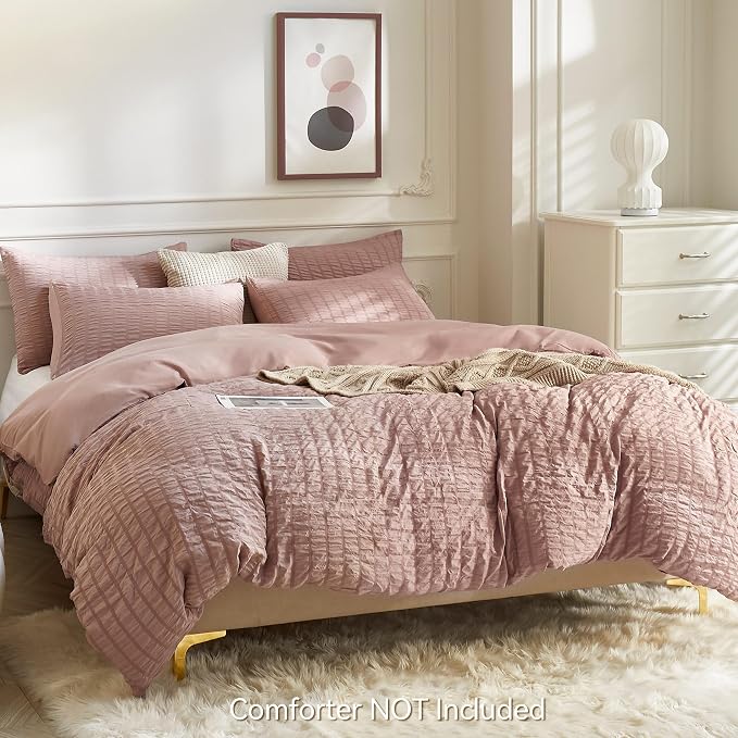 JELLYMONI Smokey Pink Duvet Cover Twin Size, Soft Breathable Seersucker Duvet - Image 3