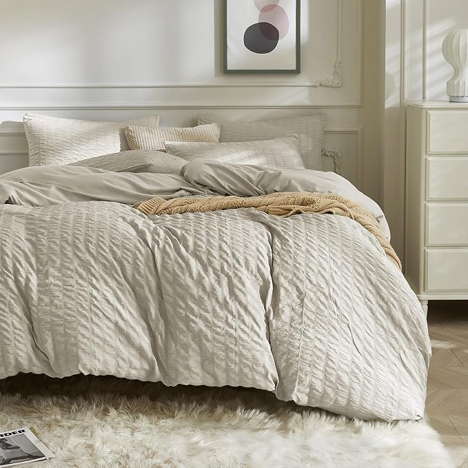 JELLYMONI Beige Duvet Cover King Size, Soft Breathable Seersucker Duvet Cover by JELLYMONI