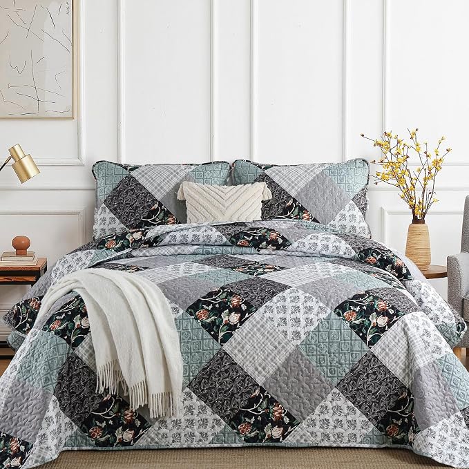 Xruibed Floral Plaid Patchwork Quilt Set Queen Size 3 Pieces Blue Gray by Xruibed