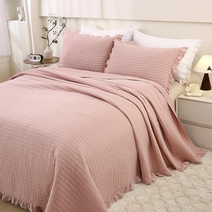 ROOMLIFE Quilt Set King Size 3D Floral Embroidery Pattern 3-Piece Cotton by ROOMLIFE