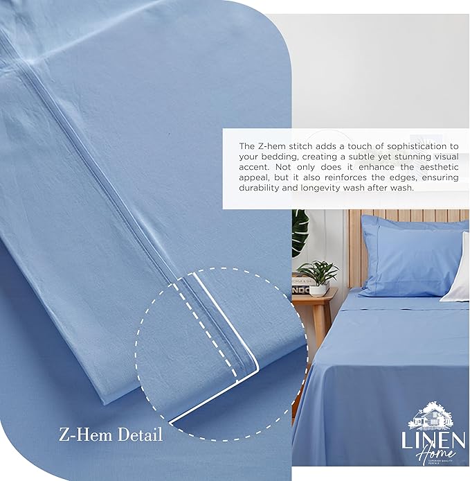 Linen Home 100% Cotton Percale Sheets Twin Size, Baby Blue, Deep Pocket - Image 3