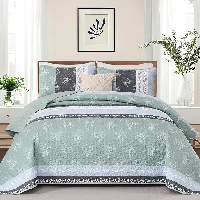 DJY Stripe Quilt Set King Size Sage Green Bedspread Coverlet Set 3 Pieces Boho - Image 2
