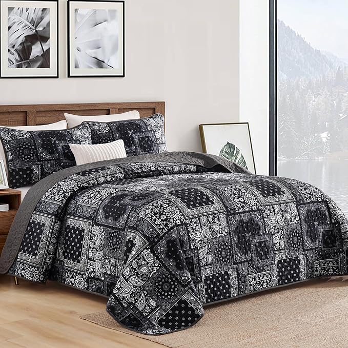 Cottolester Boho Patchwork Quilt Set King Size, Paisley Floral Bedding Set Soft - Image 2