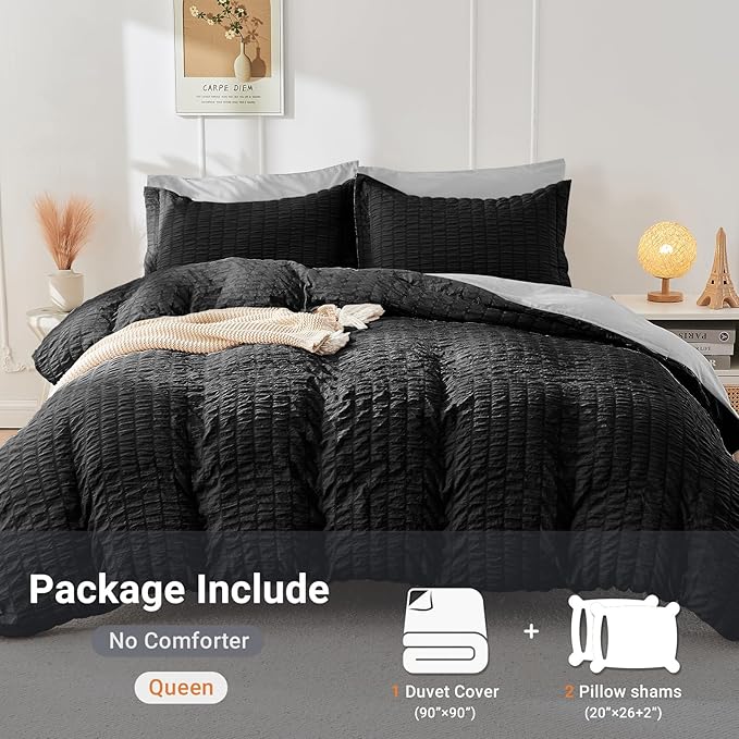 HYMOKEGE Black/Light Grey Duvet Cover Queen Size, Ultra Soft 3-Piece Seersucker - Image 4