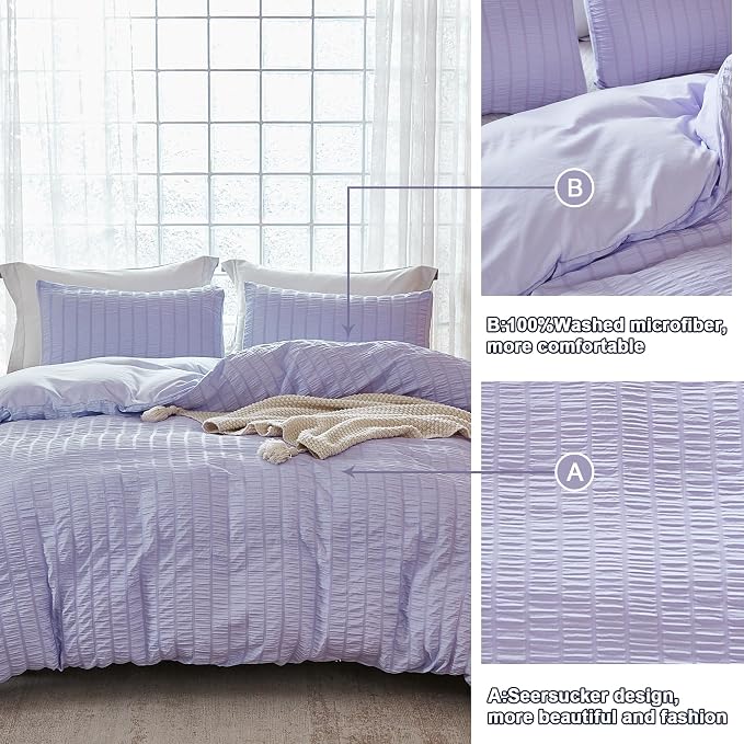 AveLom Lavender Purple Seersucker Duvet Cover Set Full, 3 Pieces, Ultra Soft - Image 5