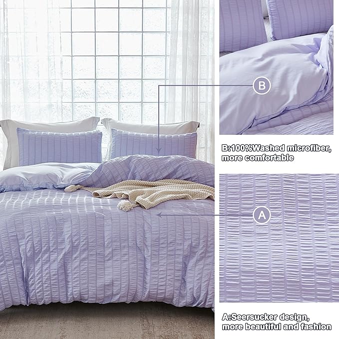 AveLom Lavender Purple Seersucker Duvet Cover Set Queen, 3 Pieces, Ultra Soft - Image 5