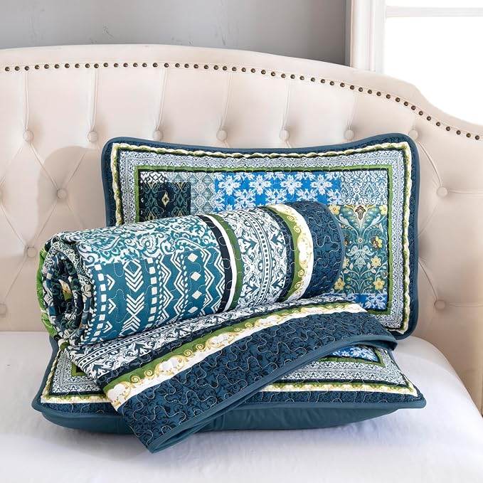 WONGS BEDDING Boho Quilt Queen, 3 Pieces Teal Patchwork Quilt Soft Coverlet - Image 8