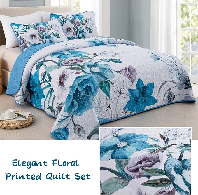 Floral Quilt Set King 3 Pieces Boho Blue Floral Quilt Coverlet Set Soft - Image 2