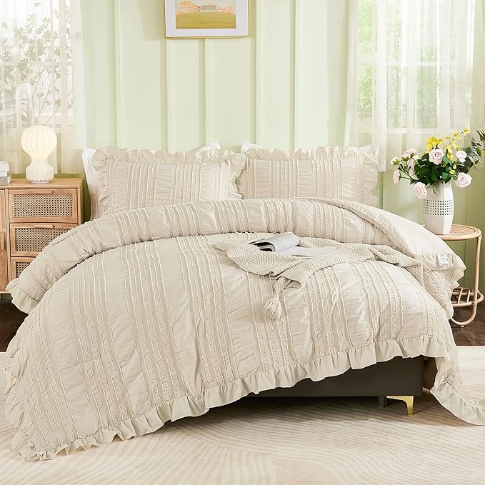 WONGS BEDDING Beige Ruffle Queen Comforter, Boho Shabby Chic Bedding - Image 4