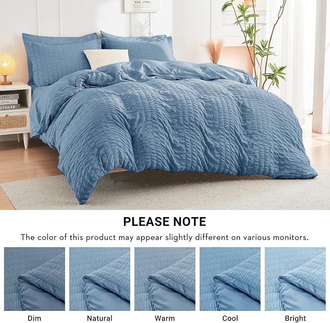 HYMOKEGE Mineral Blue Full Size Comforter Sets Seersucker 7 Pieces, All Season - Image 6