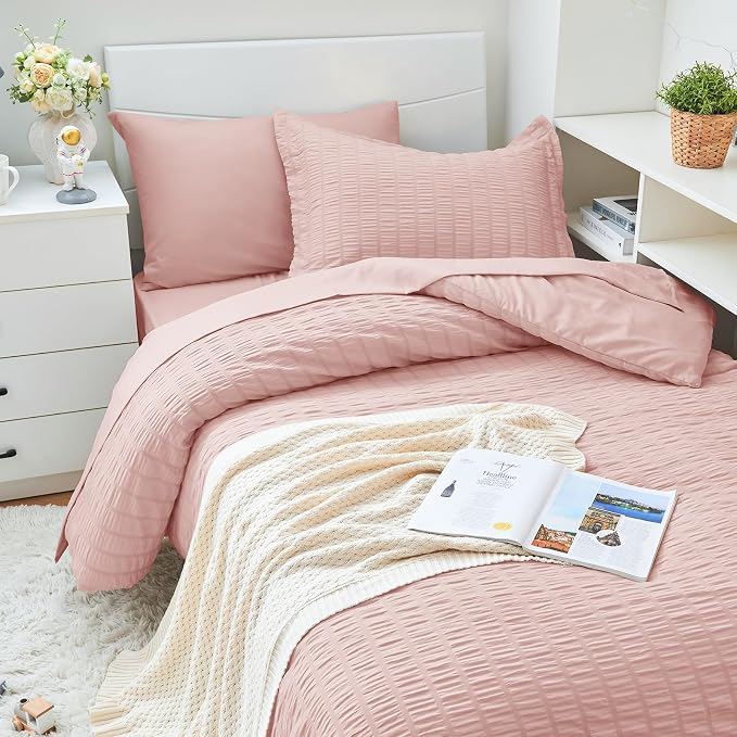 HYMOKEGE Rose Gold Twin XLComforter Set Seersucker 5 Pieces, All Season Luxury - Image 2