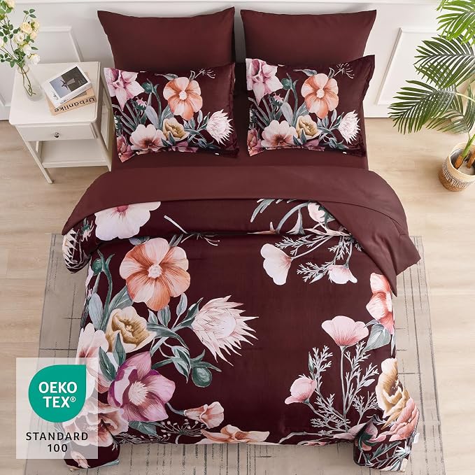 Luxudecor Burgundy Floral Comforter Set King Size 7 Piece, Flower Bed in a Bag - Image 3