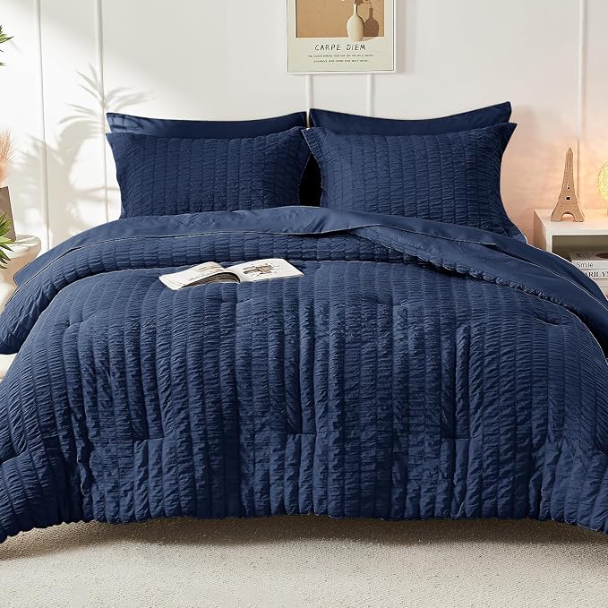 HYMOKEGE Navy Blue King Size Comforter Set Seersucker 7 Pieces, All Season - Image 9