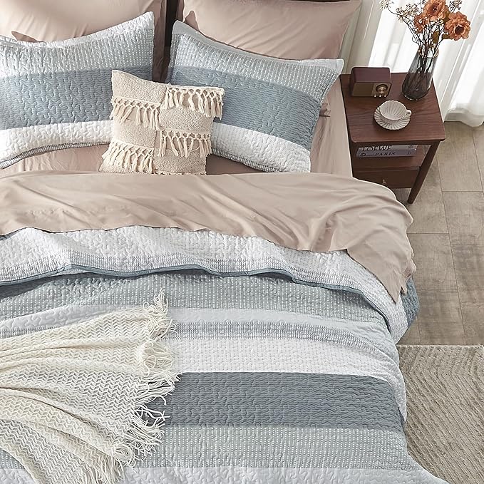 Andency Grey Striped Quilt Twin, 2 Pieces Patchwork Bedspread Coverlet Set - Image 6