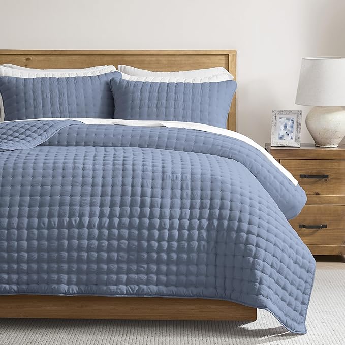 WDCOZY Dusty Blue Oversized King Quilt Set, California Cal King Rustic Bedspread by WDCOZY