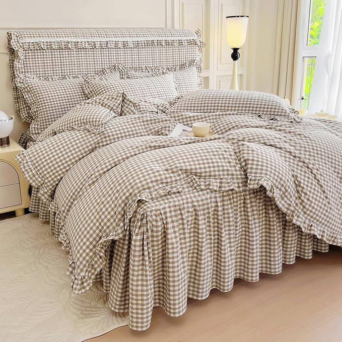 mixinni Tan Gingham Ruffle Duvet Cover Full Size 3 Pieces – 100% Washed Cotton - Image 4