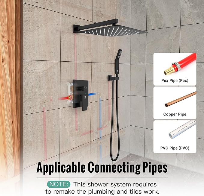 SR SUN RISE Matte Black Square Rainfall Shower Head and Handle Set, Wall - Image 3