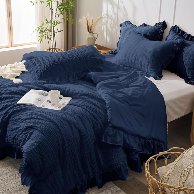 JOLLYVOGUE Navy Blue Queen Comforter Set, 3 Pieces Seersucker Comforters Queen - Image 8