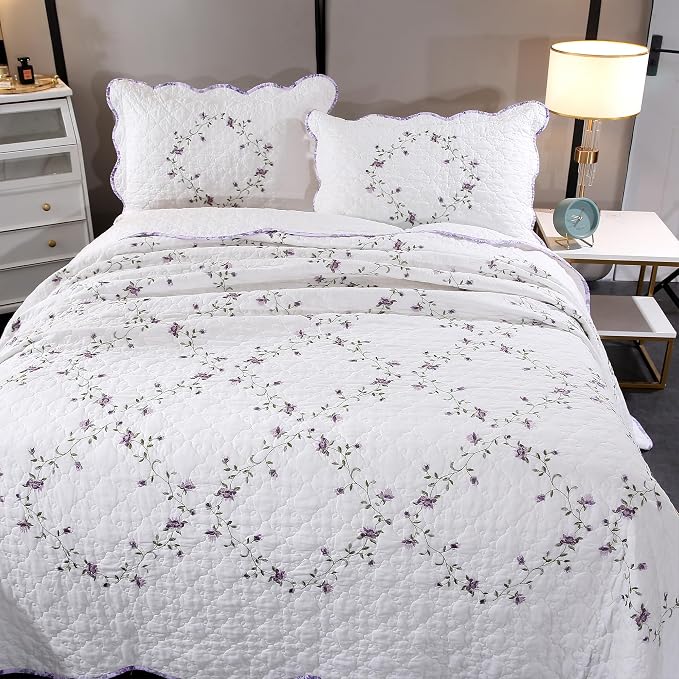 Quilt Set Purple Floral 3D Embroidery Pattern 3 PCS 100% Cotton Reversible - Image 7