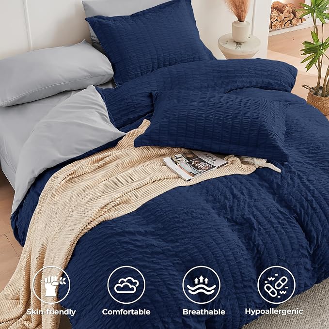 HYMOKEGE Navy Blue/Light Grey Full Size Comforter Sets Seersucker 7 Pieces - Image 3