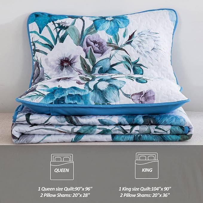 Floral Quilt Set Queen 3 Pieces Boho Blue Floral Quilt Coverlet Set Soft - Image 7