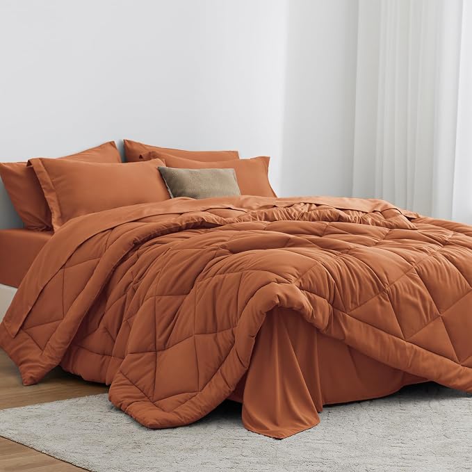 Love's cabin Queen Comforter Set Terracotta, 7 Pieces Queen Bed in a Bag by Lovescabin