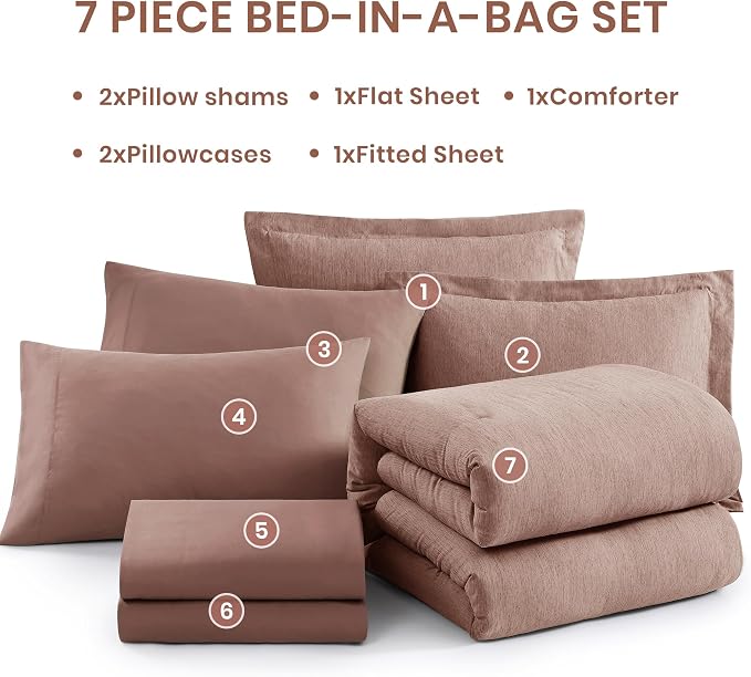 Monbix Full Size Comforter Set-7 Pieces Dusty Pink Cationic Dyeing Bed in a Bag - Image 7