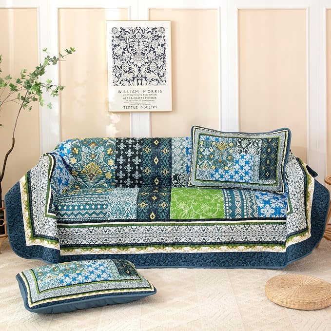 WONGS BEDDING Boho Quilt Queen, 3 Pieces Teal Patchwork Quilt Soft Coverlet - Image 6