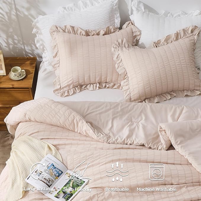 JOLLYVOGUE Beige Queen Comforter Set, 3 Pieces Seersucker Comforters Queen Size - Image 2