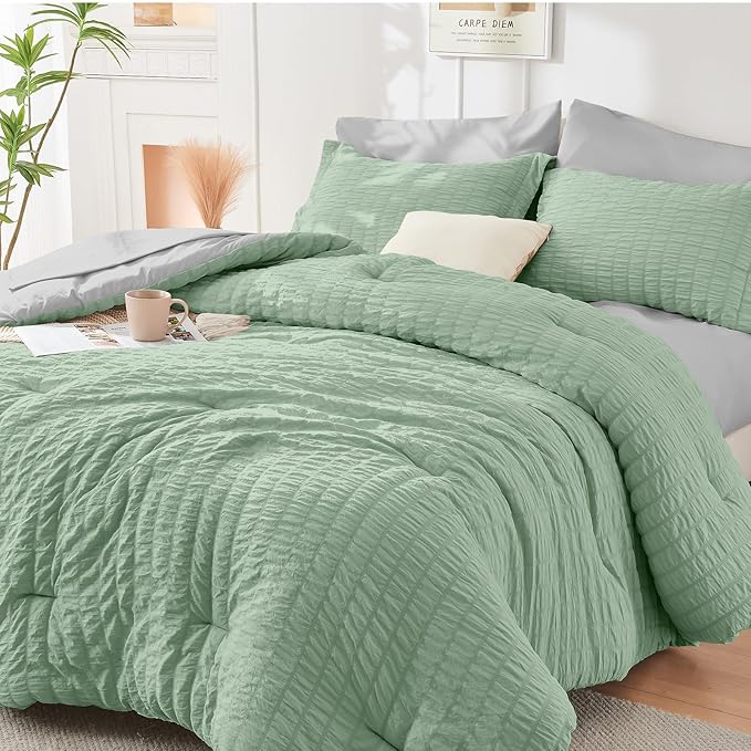 HYMOKEGE Sage Green/Light Grey King Size Comforter Set Seersucker 7 Pieces by HYMOKEGE
