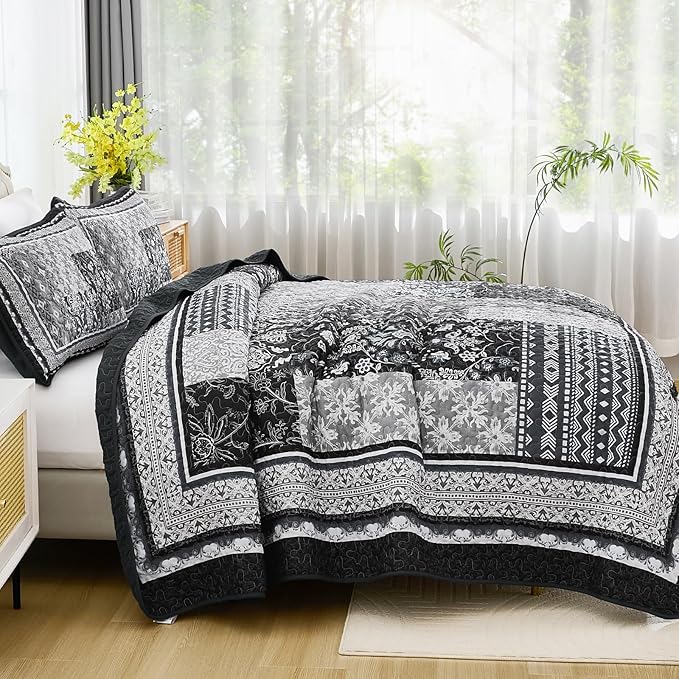WONGS BEDDING Black Quilt Set King Size, 3 Pieces Boho Patchwork Bedspread - Image 3