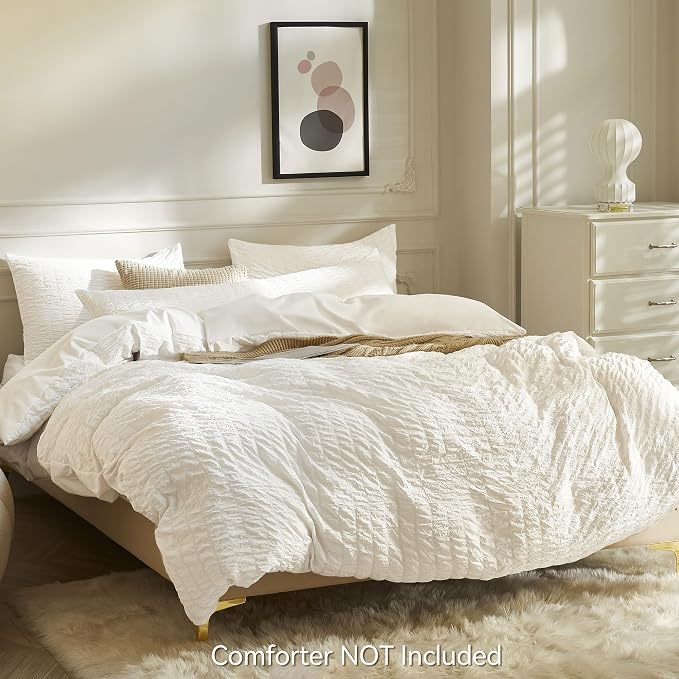 JELLYMONI White Duvet Cover Queen Size, Soft Breathable Seersucker Duvet Cover - Image 3