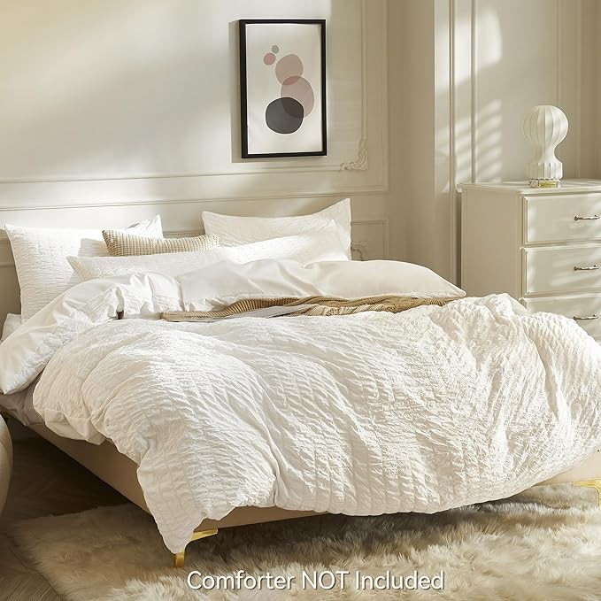 JELLYMONI White Duvet Cover King Size, Soft Breathable Seersucker Duvet Cover - Image 3