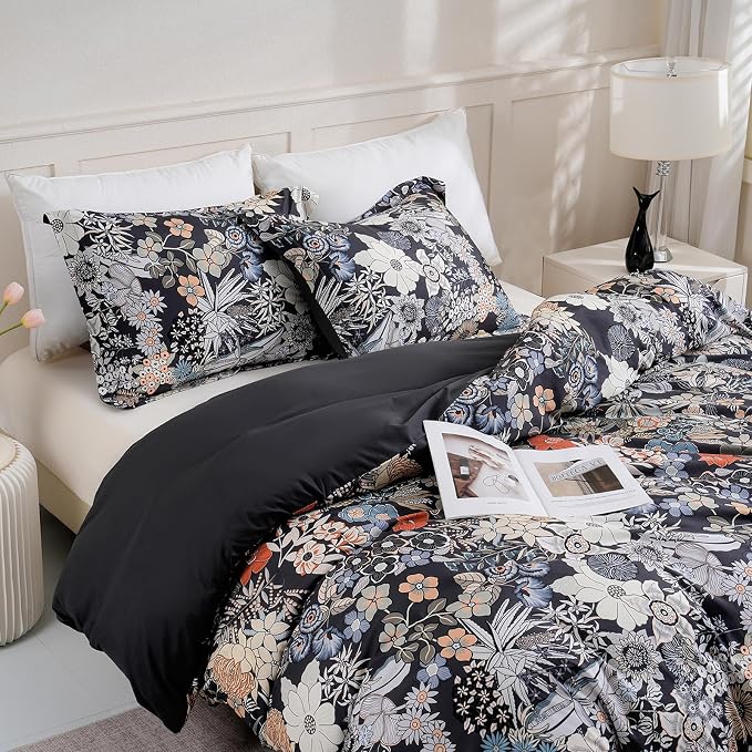 LONAVA King Flower 3 Pcs Duvet Cover Set, Breathable Soft Microfiber Black - Image 8