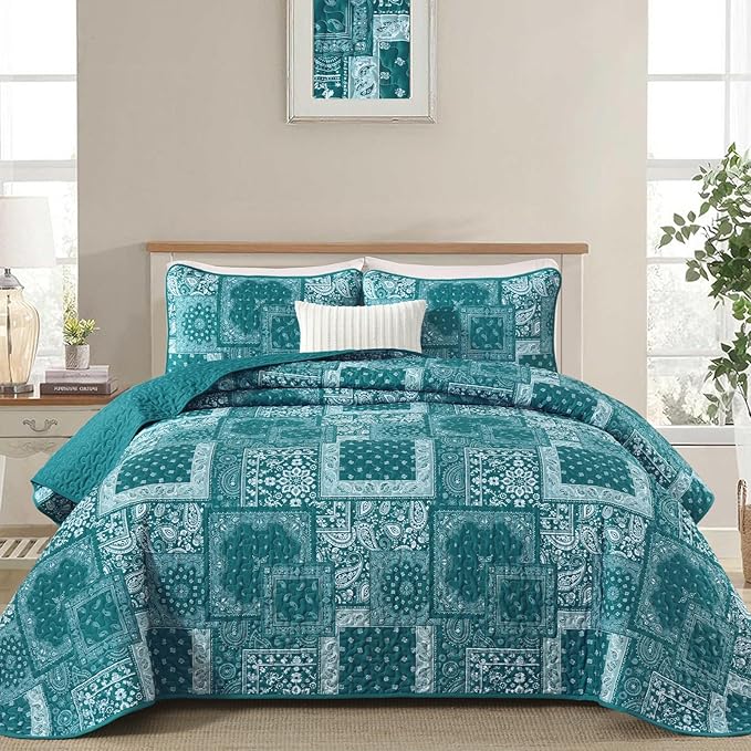 Cottolester Teal Patchwork Quilt Set Queen Size, 3 Pieces Boho Paisley Quilt Set by Cottolester