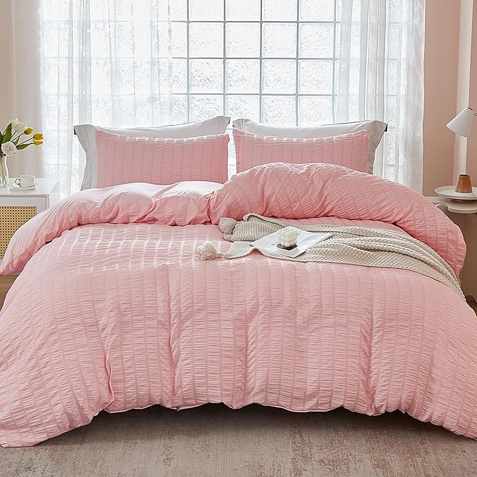 AveLom Blush Pink Seersucker Duvet Cover Set King Size, 3 Pieces, Ultra Soft by AveLom