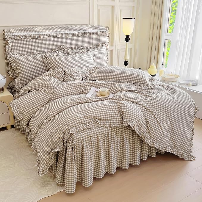 mixinni Tan Gingham Ruffle Duvet Cover Twin Size 3 Pieces – 100% Washed Cotton - Image 6