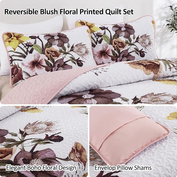 Drucon Floral Quilt Set King 3 Pieces Boho Blush Quilt Coverlet Set Soft - Image 6