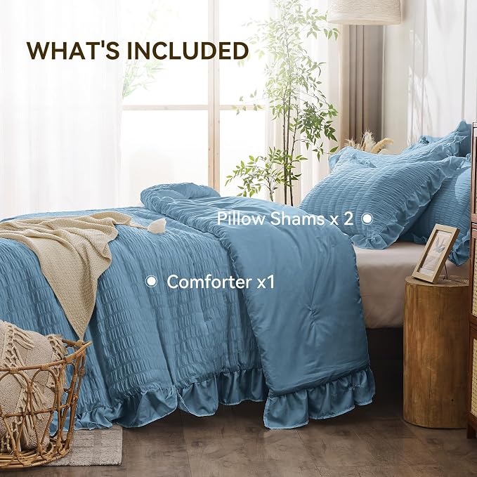 JOLLYVOGUE Full Size Comforter, 3 Pieces Sea Blue Seersucker Lightweight Full - Image 5