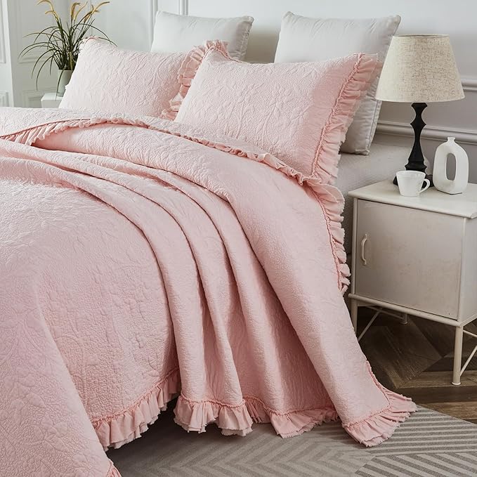 Brandream Light Pink Quilt Set King Size Cotton Shabby Chic Bedding Matelasse - Image 5