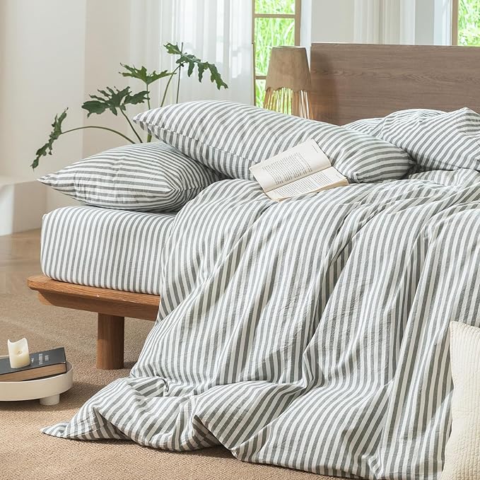 MooMee Striped Duvet Cover Set 100% Washed Cotton Linen Like Textured - Image 6