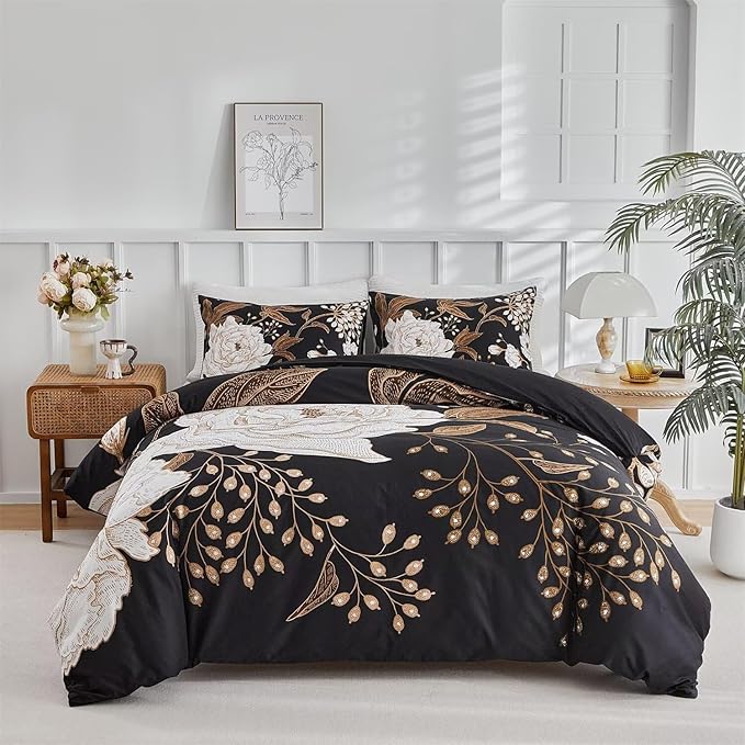MKXI Bold Floral Black Duvet Cover Full Bedding Set Luxurious Premium Cotton by MKXI